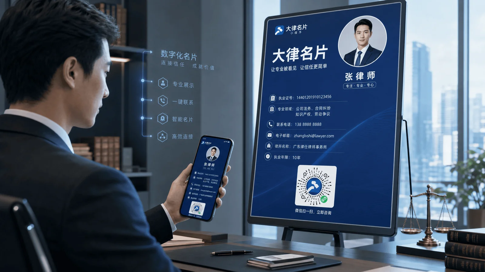 律师用手机向当事人展示大律名片