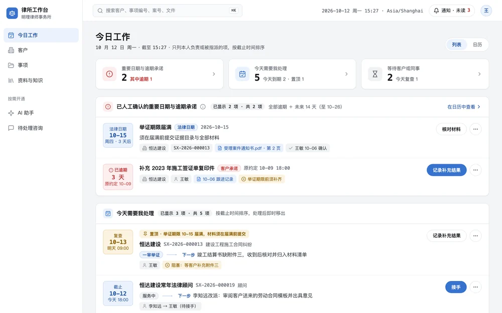 今日工作界面示意：已人工确认的举证期限与逾期的客户承诺排在最上面，下方是今天需要我处理的事项